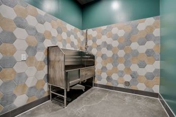 A room with tile walls and a metal dog wash